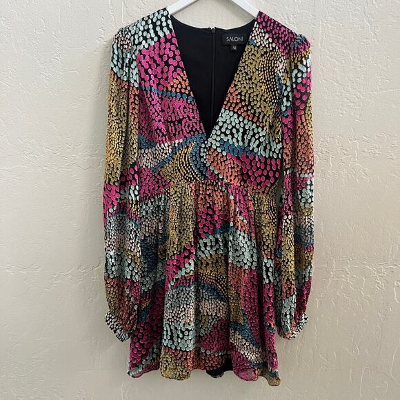 SALONI $710 Camille Gathered Fil Coupe Chiffon Dotty Mini Dress - Picture 3 of 5